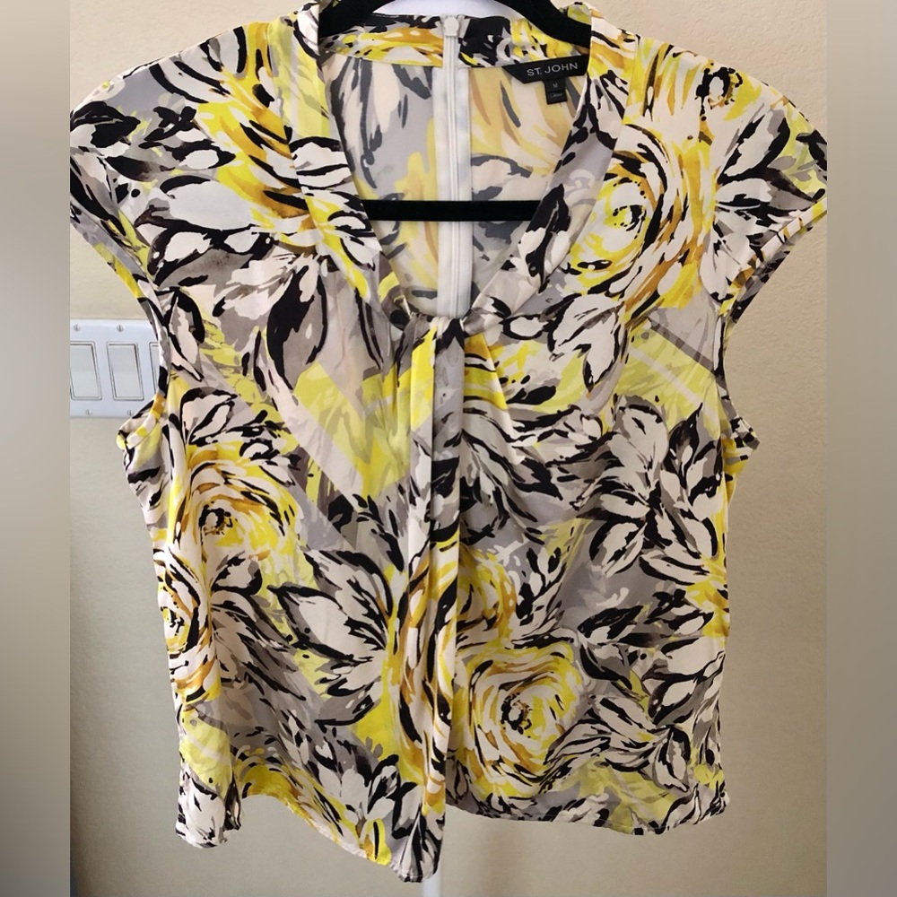 St. John Yellow and Black Silk Floral Blouse